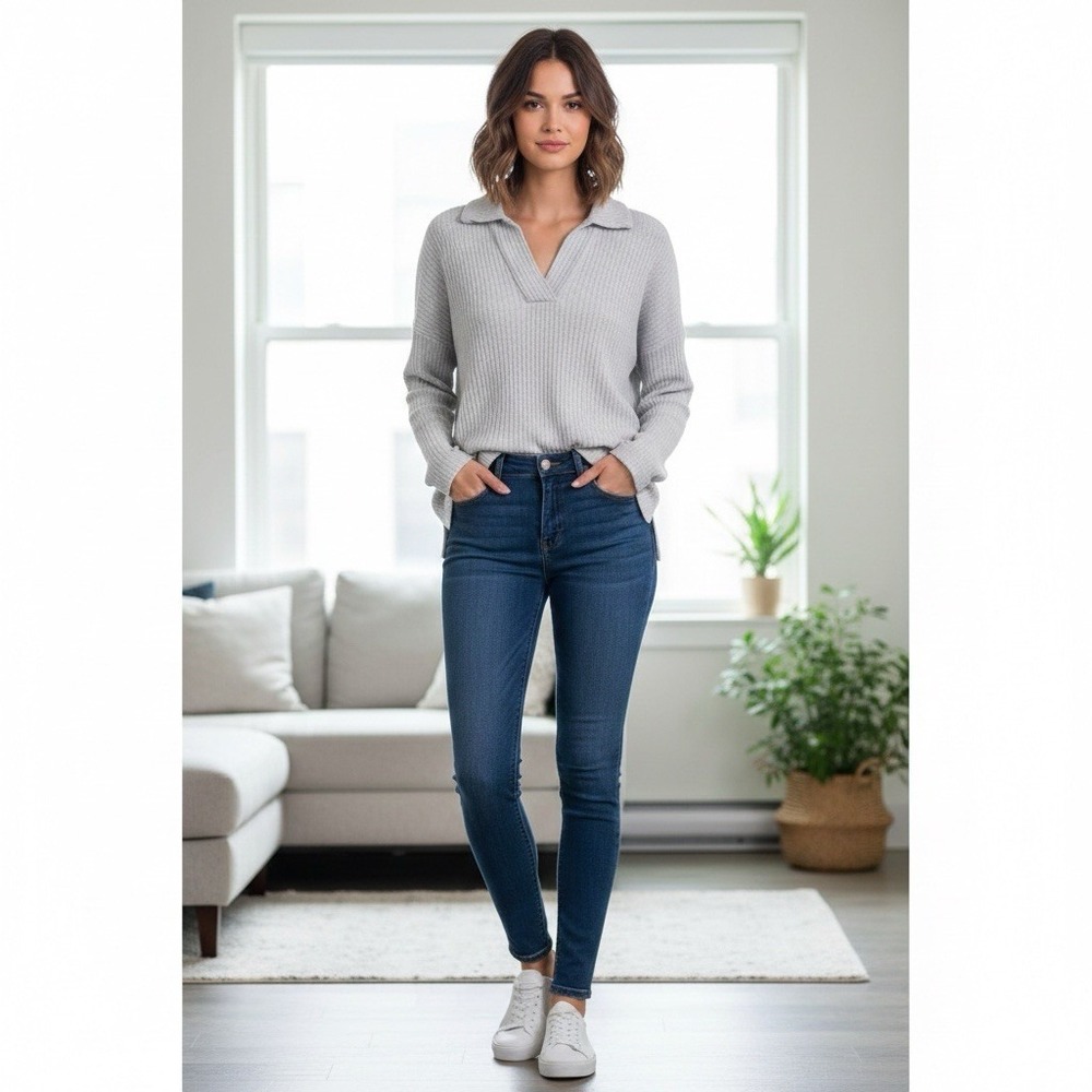 LOFT Outlet Grey Ribbed Knit Pullover Sweater Womens Size XL‎ Split Neck Cozy